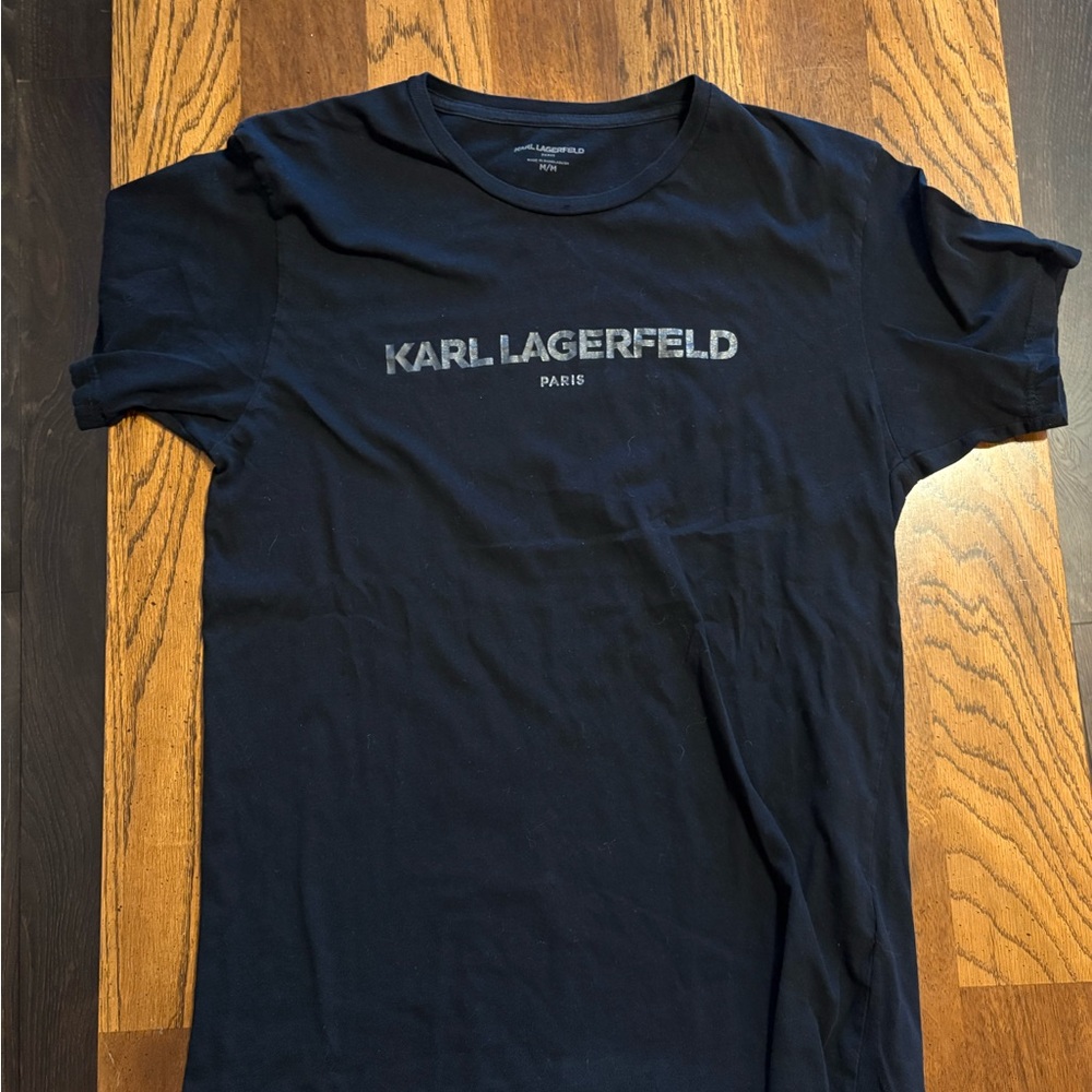 Karl Lagerfeld Navy Crewneck T-Shirt with Metallic Logo - Picture 2 of 3